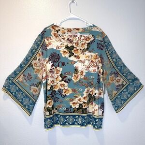 Chicos Women's  Size-4 U.S XXL Green Mixed Prints Floral 3/4 Bell Sheer Sleeve